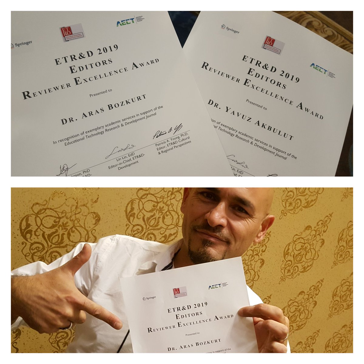 arasbozkurt's tweet photo. Happy to announce that me and Akbulut, researchers from Anadolu University, received Reviewer Excellence Award by ETR&amp;D presented at #AECT19 #ETRD @yvzkblt @AECT https://t.co/QJXzm3Nc74