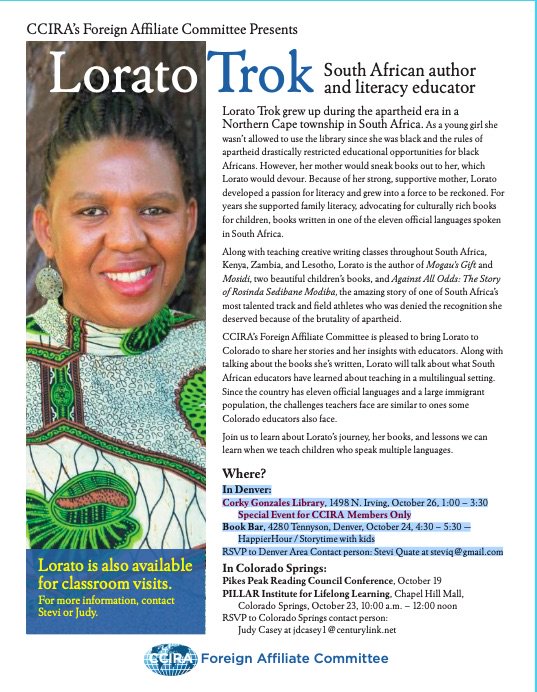 Please join us at <a href="/BookBarDenver/">BookBar</a> tomorrow, October 24, from 4:30-530 to meet Lorato Trok, South African author and educator. #CCIRA <a href="/steviq/">Stevi Quate</a>