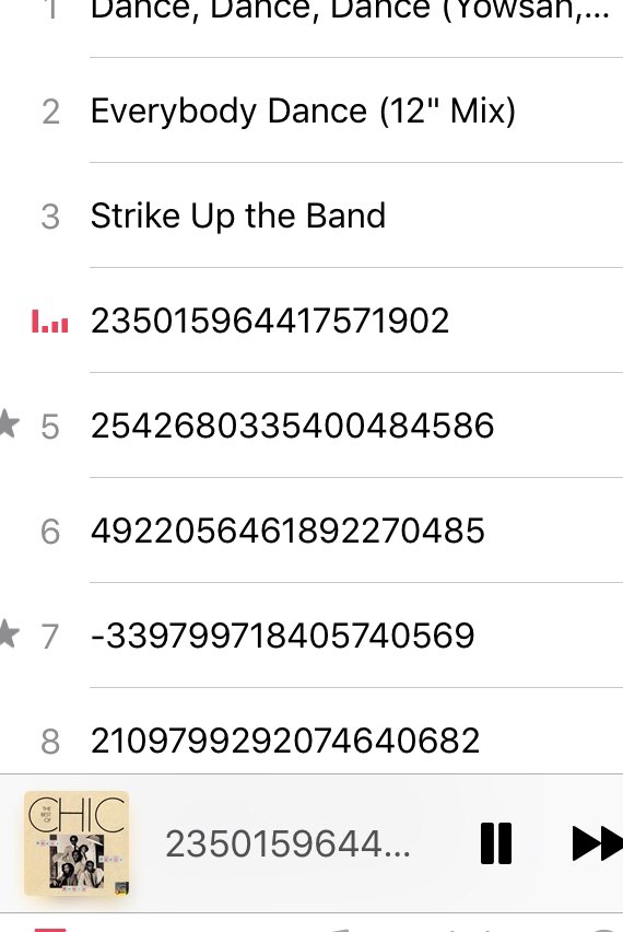A screenshot of iTunes (iOS) showing the album The Best of Chic with most of the song titles replaced with random-looking 18- or 19-digit numbers.
