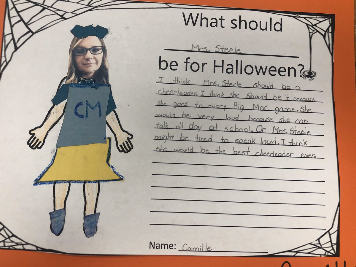 MrsDSteele's tweet photo. What should I be for Halloween?? Just ask my kids! They came up with some great ideas!!! This is one of my favorite writing activities we do all year! 🎃🧡 @MuseCMSD https://t.co/tS0eOJHiOa