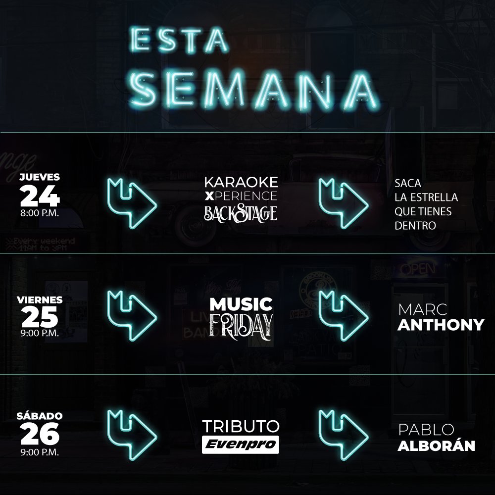 Analitica's tweet photo. Disfruta en #BackstageTolon! 🔥
⁣
Aprovecha el 2x1 de Cacique y Gordons  todos sus jueves de #karaokeExperience 👌⁣

El viernes su #MusicFriday es para gozar al ritmo de #MarcAnthony  💃⁣
⁣
El sábado vivirás una noche única con #TributoEvenpro dedicado a #PabloAlboran 😍 https://t.co/Ow1zXFbsuj
