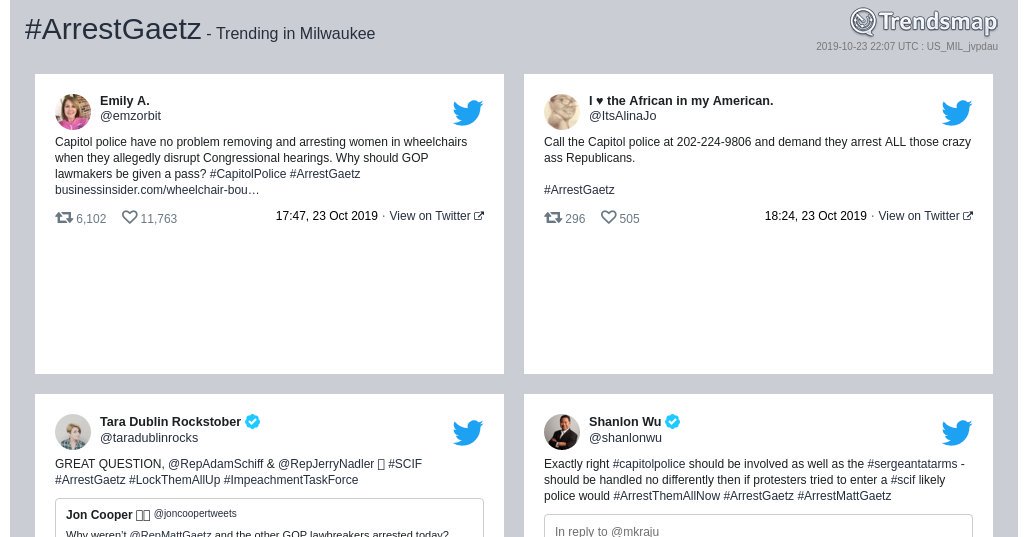 TrendsMilwaukee's tweet photo. #arrestgaetz is now trending in #Milwaukee

https://t.co/Ru9RFDCTnJ https://t.co/14ffHV9Ix3