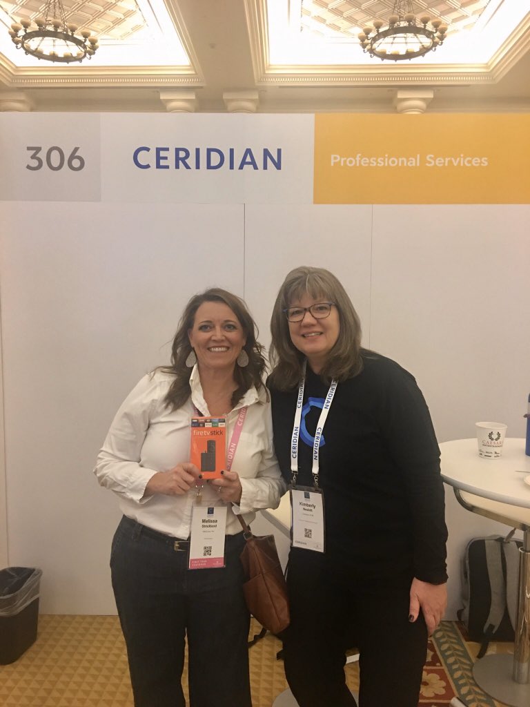 HeatherVSneed's tweet photo. Congratulations to Melissa Strickland from AtriCure, Inc. on being one of our Amazon Fire TV Stick raffle winners at #CeridianINSIGHTS .  Stop by the @Ceridian #profsvcs #booth306 today to learn about our services and to enter the raffle! https://t.co/msqGYEayp8