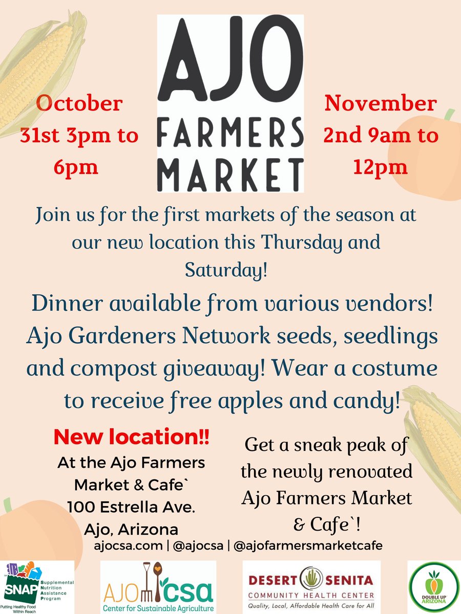 ajocsa's tweet photo. Join us for the first markets of the season! Be sure to wear a costume to the market on Halloween for free apples and candy! At the newly renovated Ajo Farmers Market &amp; Cafe` at 100 Estrella Avenue. Get a sneak peak while you're here! #ajocsa #ajofarmersmarket #tasteofajo https://t.co/KfBLvyfwtA