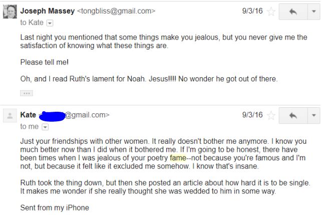 jmasseypoet's tweet photo. In the @outline article written about me by @rebekahkirkman, Kate Colby's/"Sarah's" main allegation is that I was jealous during our affair. I sent Kirkman numerous e-mails as evidence to the contrary. All of it was ignored. https://t.co/hxP6sc51PT