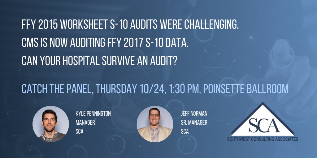 swconsultingTX's tweet photo. #schfmafi19, join us tomorrow, 10/24 @ 1:30 EST as we present "Worksheet S-10: Inaugural Year of Audits Review." #WorksheetS10 data drives $8.35B in provider reimbursement &amp; MACs have indicated to us that ALL hospitals will undergo an S-10 audit for FY 2018. #HFMA @SCHFMA https://t.co/F6QtDctR7q