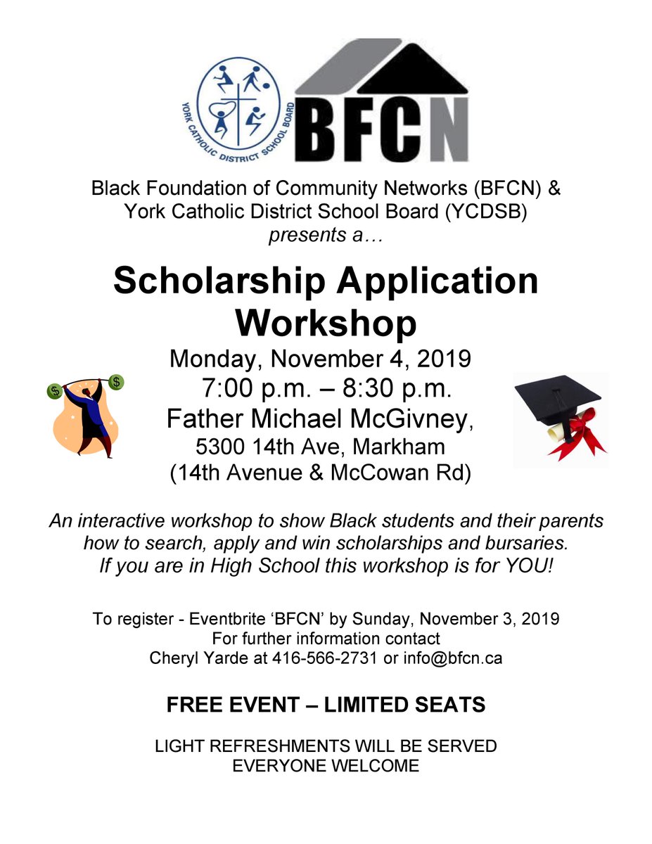 FMMtweets's tweet photo. Please join us on Mon Nov 4th, from 7:00-8:30PM @FMMtweets  for an interactive workshop to show Black students &amp; their parents how to search, apply &amp; win #Scholarships &amp; bursaries.  See attached flyer for further info.
@ycdsb @PathwaysYCDSB @BFCN2011 #informedchoices https://t.co/TMIk9m9a6K