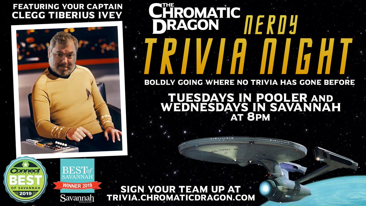 Tonight! It's Nerdy Trivia Night at The Chromatic Dragon in Savannah! Sign your team up at trivia.chromaticdragon.com to get in on the action. Dingo is a last-minute scratch, so the next highest seeded team that shows up tonight will be subbed in (The next team up is Willie B!).