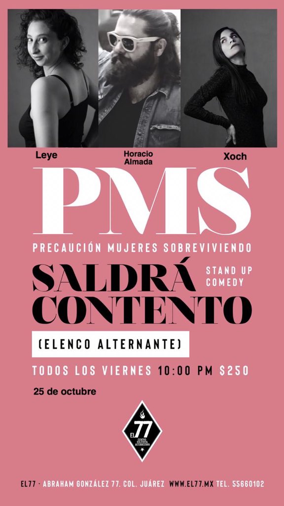 las_pms's tweet photo. Este vierneeeeees!!!
En su #SaldráContento de confianza: @Horacioalmada, @dimexoch y @leyele 👊🏻
¡No se lo pierda!
10 PM | @el77cultural
#laspms #standupcomedy https://t.co/gdK0NKe3Fh