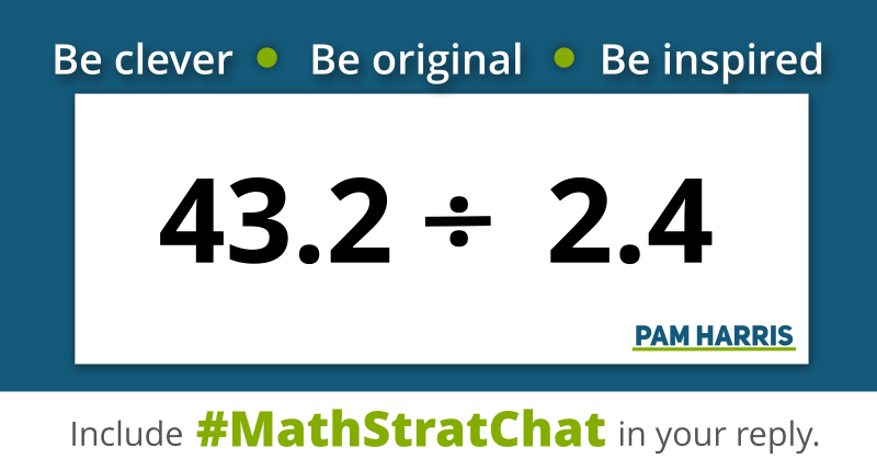 pwharris's tweet photo. It's time for #MathStratChat!
Rules: tweet your favorite, clever solution or be inspired to find an equally clever strategy. Comment on other's :-)

Like, RT so others can see.

#MTBoS #ITeachMath #MathIsFigureOutAble #MSMathChat #ElemMathChat #HSMathChat #T3Learns #MathChat https://t.co/46Kd7EyakZ