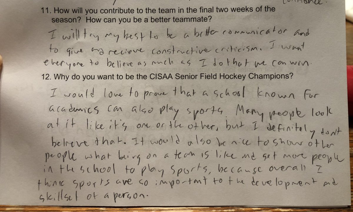 With about a week left in our season, the #fieldhockeyteam did some personal reflecting this afternoon.  One thing I know, “they all believe we can win” #dedication #ibelieve #teamsports #oneexampleisbelow #trafalgarcastle #reflection