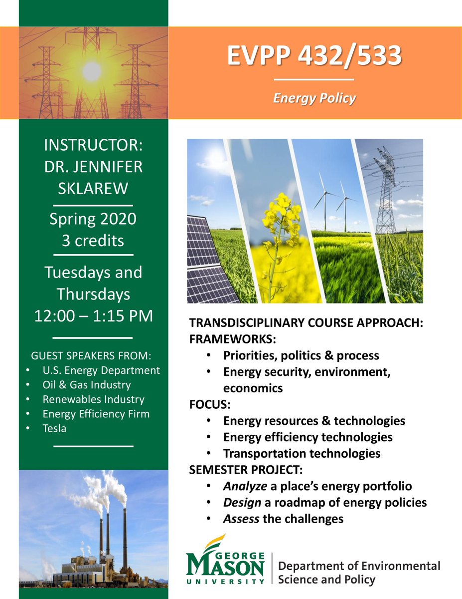 ESPMasonU's tweet photo. Check out our Spring 2020 upcoming course flyers - colorful and informative! EVPP 490/505 Food-Energy-Water Nexus, EVPP 432/533 Energy Policy, EVPP 490 Principles of Wildlife Ecology, and EVPP 445/545 Principles of Environmental Toxicology. #CoolClasses @GMU_COS #MasonScience https://t.co/0RVve6PoI5