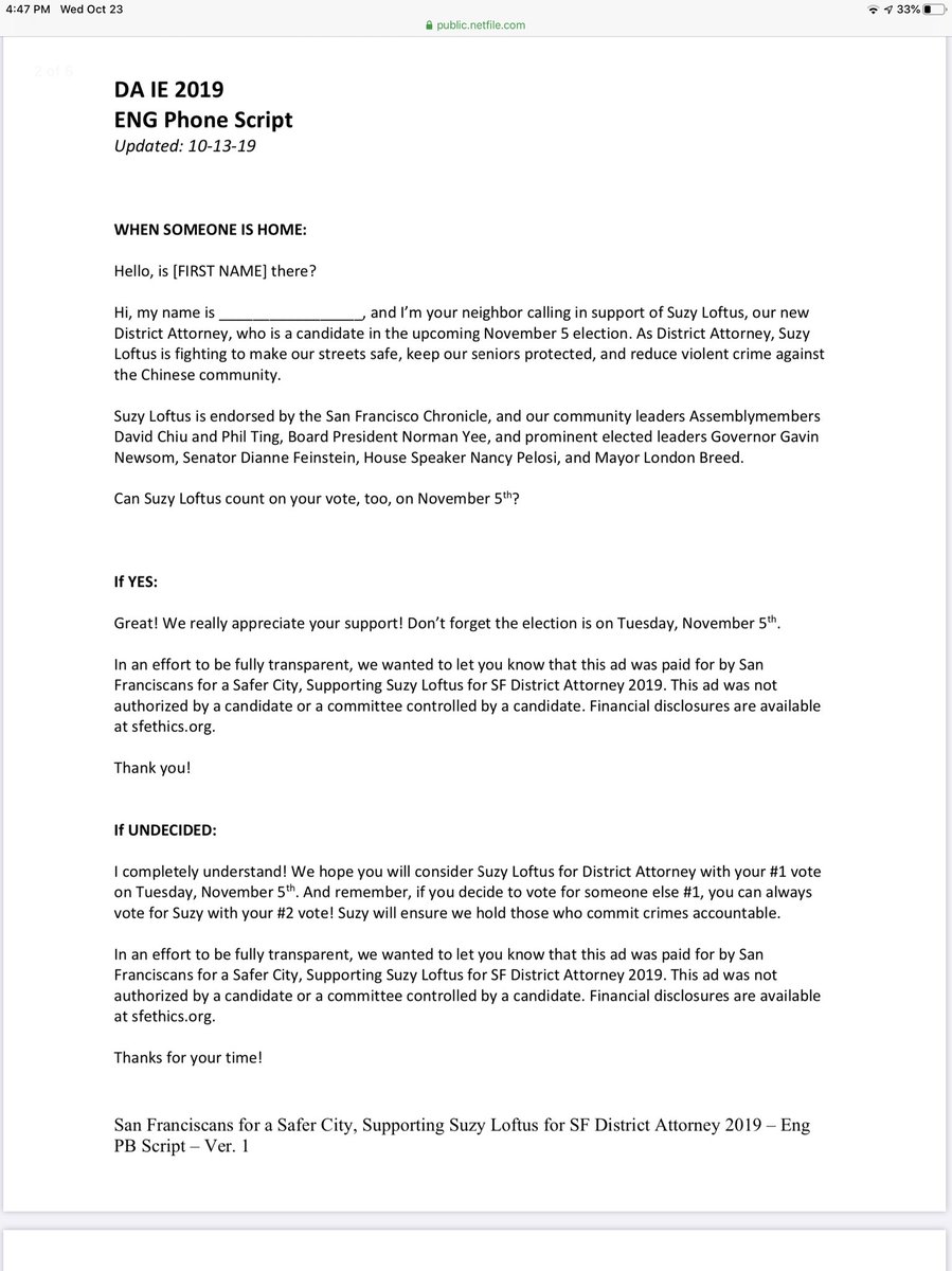 Part of the phone bank script for Suzy Loftus