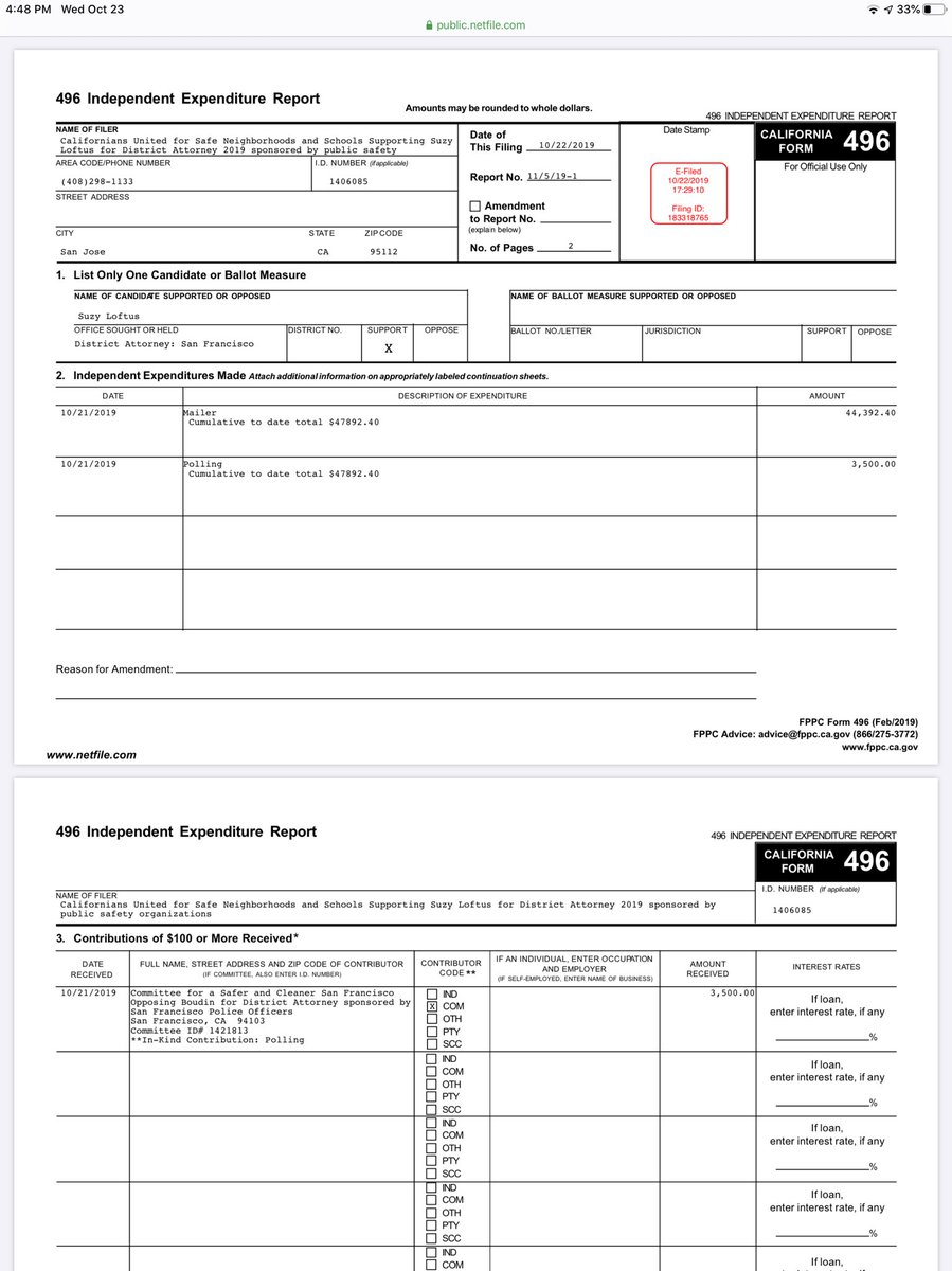 Some expenditures by the PAC supporting Suzy Loftus (there are more) & a $3,500 contribution from the SF Police union backed PAC against Chesa Boudin