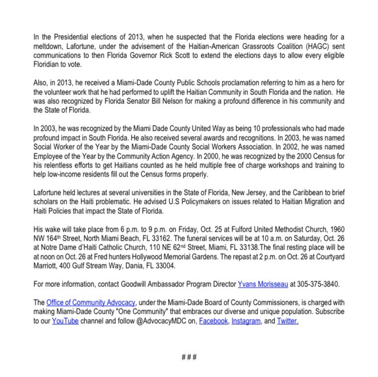 grisellemarino's tweet photo. @advocacymdc mourns the death of Prominent Haitian Leader Jean-Robert Lafortune - @MiamiDadeBCC @AudreyMEdmonson @jeanmonestime @DennisCMoss @barbarajordan1 @305CAHSD, @MiamiDadeCounty @mdcgwa  @BlackAffairsAB @MiamiDadeWomen @ElderAffairsMDC  @miamidadeHAAB @mdcaaab https://t.co/3rzINy7ozS