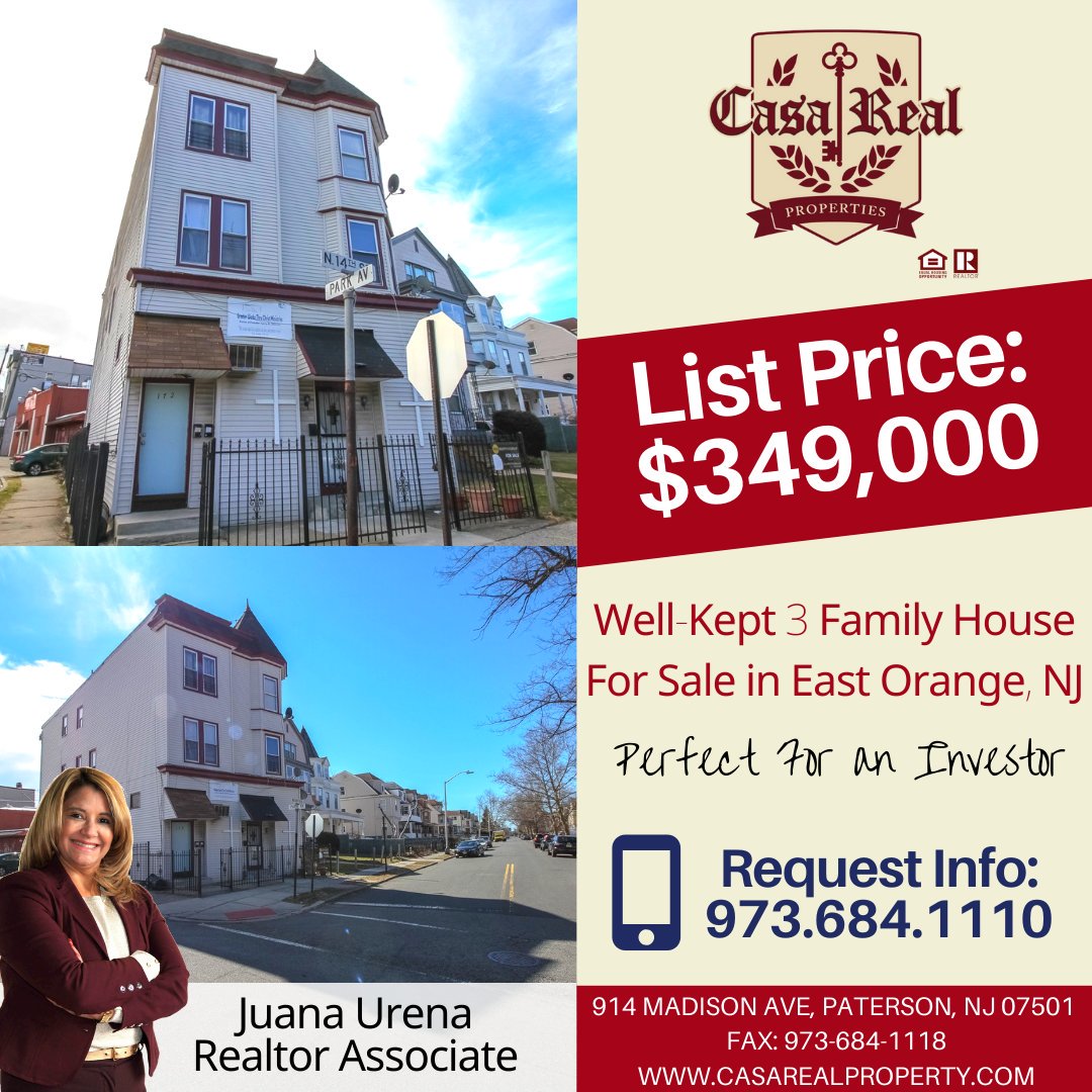 Casa_Real_Prop's tweet photo. Make this your next investment - 3 family property for sale in East Orange, NJ. 172 N 14th St -  $349,000! 

Request Information today: (973)-684-1110. 

#investinrealestate #eastorange #essexcounty #justlisted #forsale https://t.co/chwCwTEa0S