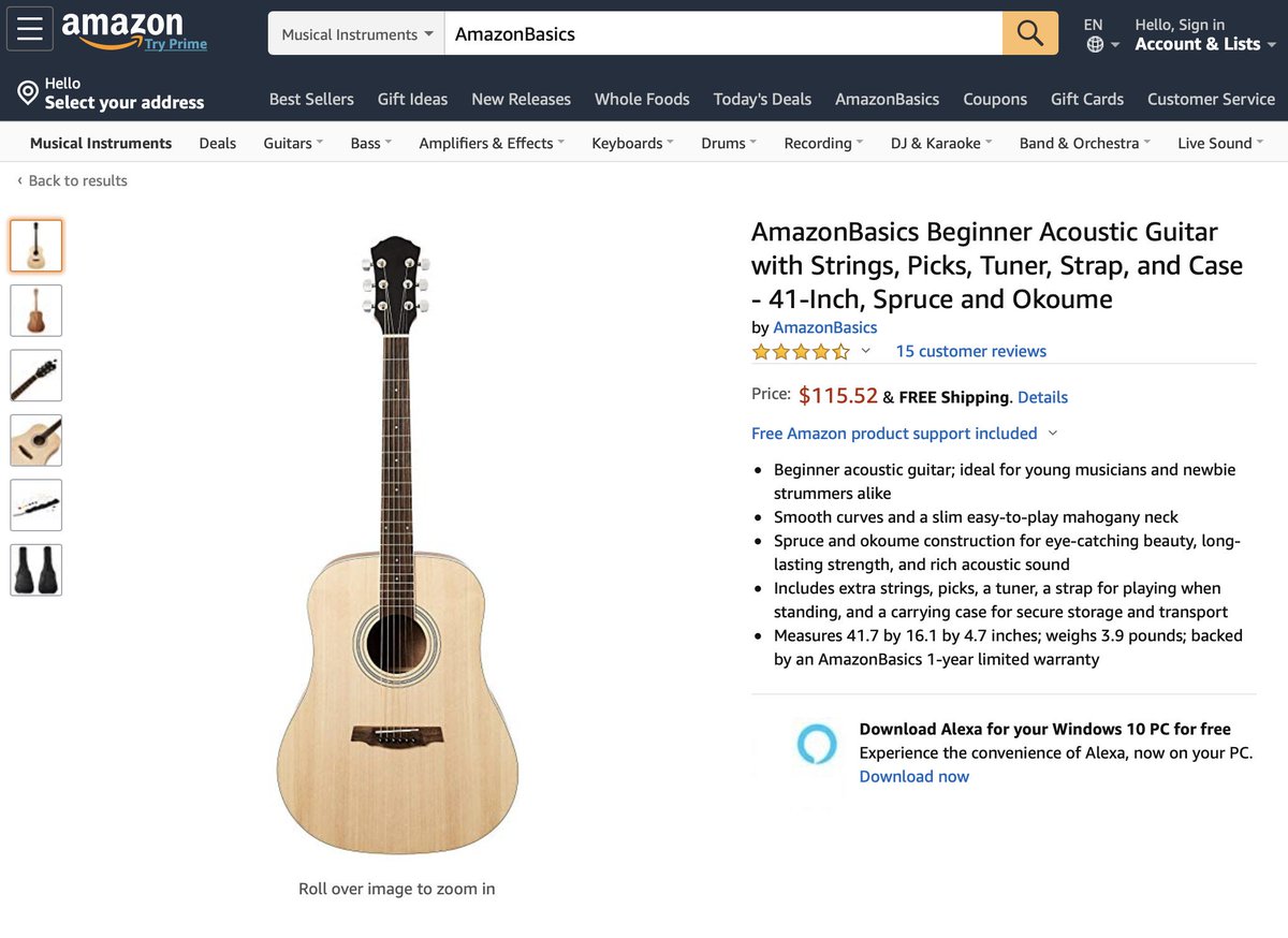 Amazon launched an AmazonBasics acoustic guitar, its first musical instrument. It costs $115.52 and was launched in October. amazon.com/AmazonBasics-B…