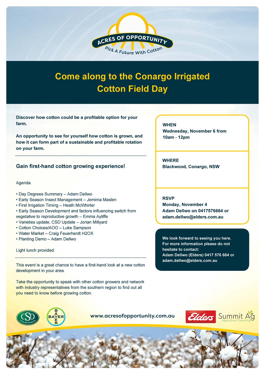 SOUTHERN NSW: Come along to the #Conargo Irrigated Cotton Field Day on Wed, 6 Nov 2019.

See the flyer for more details.

RSVP to Adam Dellwo - 0417 576 664.

acresofopportunity.com.au/events/
