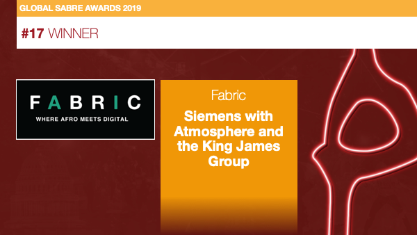 Provoke_News's tweet photo. #GlobalSABRE19 Winner #17 Fabric—@Siemens with Atmosphere and the King James Group https://t.co/bBquSvEWbL