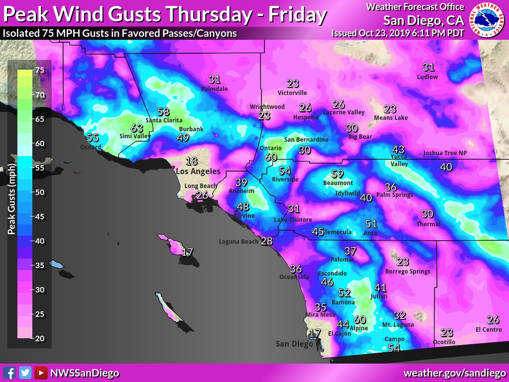 NWSSanDiego's tweet image. ⚠️ Red Flag and High Wind Warnings in Effect ⚠️

Confidence is increasing for a strong #SantaAnaWind event Thursday and Friday 🌬️ Now is the time to prepare! Secure any loose objects around your home, travel with caution, and be prepared for any power outages. #cawx #FireWX