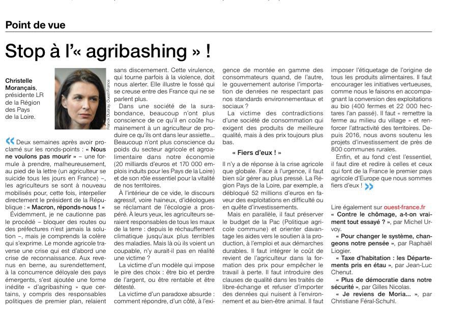 📰 Il faut « remettre la ferme au milieu du village » [...] Enfin, et au fond c'est l'essentiel, il faut dire et redire à celles et ceux qui font de la France le premier pays agricole d'Europe que nous sommes fiers d'eux ! #agriculteurs 
➡️Mon Point de vue dans <a href="/OuestFrance/">Ouest-France</a>👇🏻