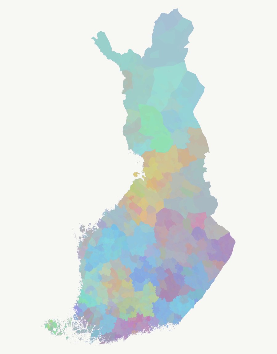 1. Get all different statistical and administrative unit division polygons for Finland (9 total) from <a href="/Tilastokeskus/">Tilastokeskus</a> API
2. Color each area based on the first letter of their name with a random color ramp
3. Add transparency
4. ???
5. Profit