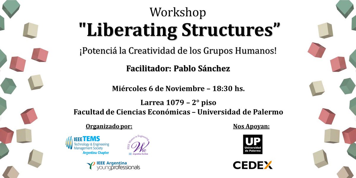 IEEE Sección Argentina (@ieeear) on Twitter photo Workshop #LiberatingStructures facilitado por nuestro Senior Member <a href="/pfsanchez/">Pablo F. Sanchez</a> el miércoles 6 de noviembre a las 18:30 en la Facultad de Ciencias Económicas de la <a href="/udepalermo/">Universidad de Palermo</a> en CABA 🇦🇷
Gratuito con cupos limitados: bit.ly/WS_Liberate
#EstructurasLiberadoras #IEEExp Workshop #LiberatingStructures facilitado por nuestro Senior Member <a href="/pfsanchez/">Pablo F. Sanchez</a> el miércoles 6 de noviembre a las 18:30 en la Facultad de Ciencias Económicas de la <a href="/udepalermo/">Universidad de Palermo</a> en CABA 🇦🇷
Gratuito con cupos limitados: bit.ly/WS_Liberate
#EstructurasLiberadoras #IEEExp