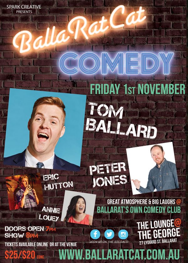 Dropping this poster like it's hot!

Laughs. #Ballarat. Friday Nov 1st.
<a href="/TomCBallard/">Tom Ballard</a> <a href="/PeterTheJones/">Peter Jones</a> <a href="/EricHutton13/">Eric Hutton</a> <a href="/annielouey/">Annie Louey</a> 
ballaratcat.com.au