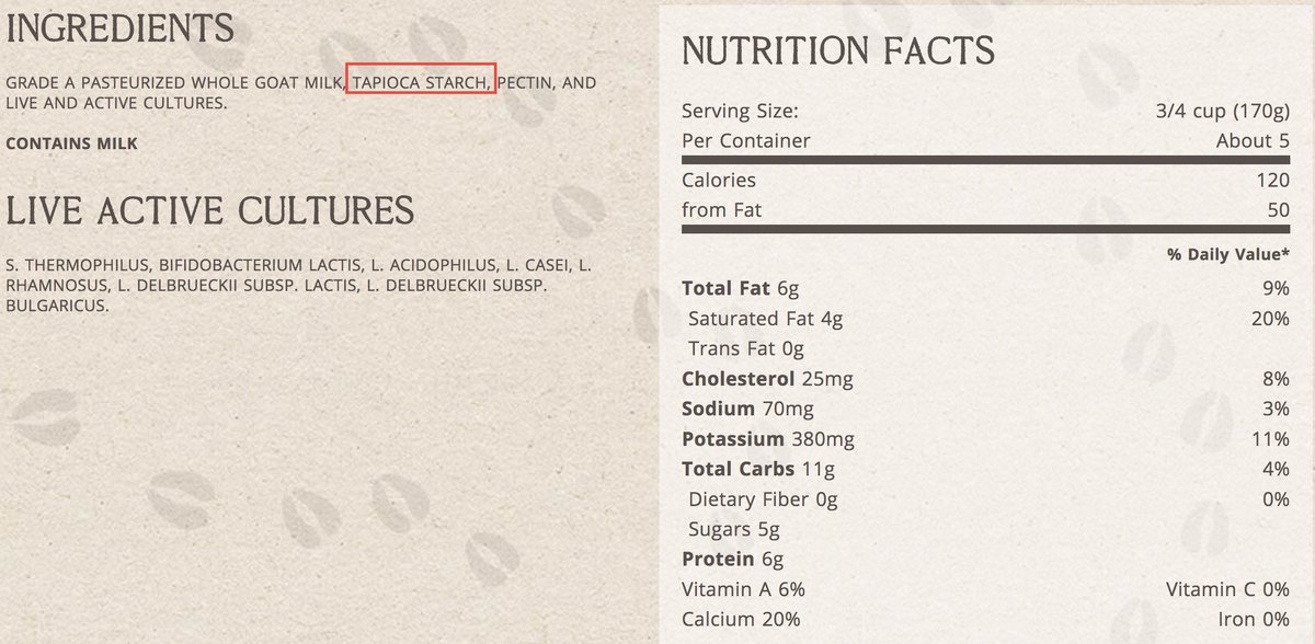 LCHFDetective's tweet photo. Beware, #tapiocastarch is a sugar and in everything. Would not have expected this from @RedwoodHillFarm You could have been different &amp; not added sugar but no, it seems you are just another (goat) in the herd. https://t.co/cpE0jsnrwq