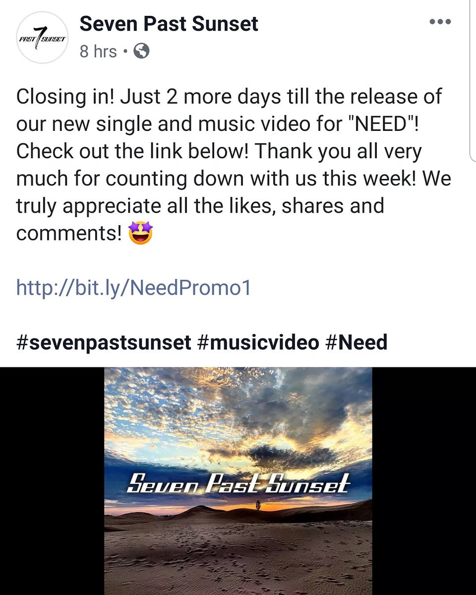 2 more days till the release of our new single and music video for "NEED"! Check out the link below! Thank you all very much for counting down with us this week! We truly appreciate all the likes, shares and comments! 🤩
bit.ly/NeedPromo1
#sevenpastsunset #musicvideo #Need