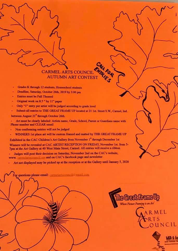 Autumn Art Contest...
HURRY - Deadline is Saturday Oct 26th ... prizes awarded by grade level ... 1st place art is professionally framed &amp; matted by The Great Frame Up!!!
carmelartscouncil.org