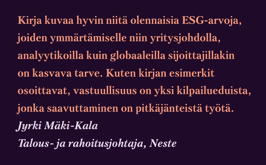 TiinaLandau's tweet photo. Paljon onnea #vuodentalousjohtaja 2019 @JyrkiMakiKala! #Vastuullisuus on selkeästi osa talousjohtajan agendaa ja meillä olikin kunnia saada Jyrkin arvio Vastuullisuudesta ylituottoa sijoituksiin -kirjasta, kiitos siitä! @talouselama #vastuullistatuottoa #sijoittaminen #esg https://t.co/W3yxainobB