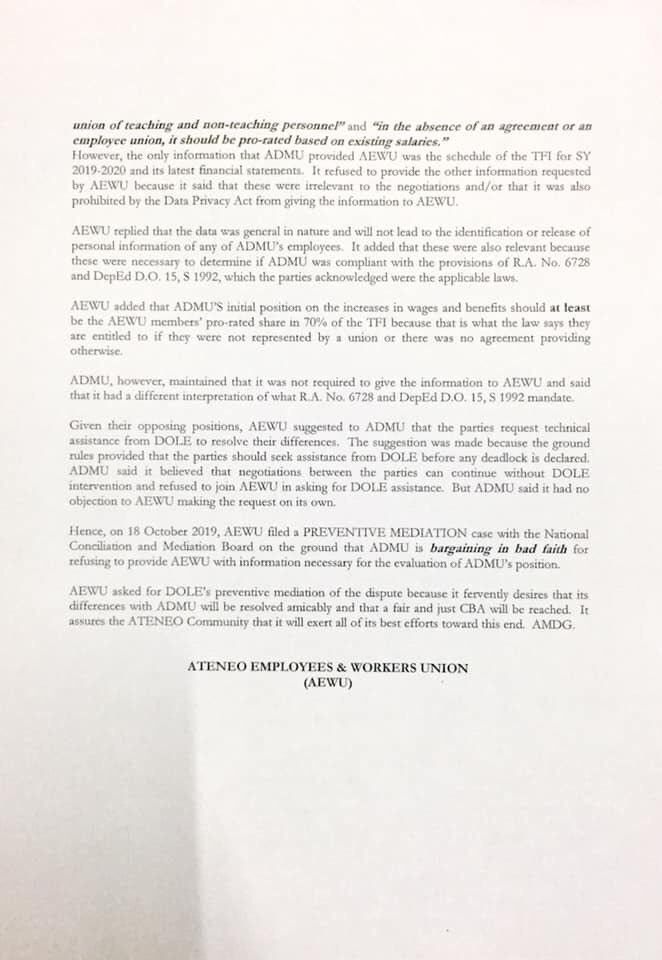 USADadmu's tweet photo. ON THE STATEMENT OF THE ATENEO EMPLOYEES AND WORKERS UNION (AEWU) TO THE ATENEO COMMUNITY

USAD-ADMU fully supports the efforts of the Ateneo Employees and Workers Union (AEWU) in the Collective Bargaining Agreement (CBA) negotiations this year with the administration officials— https://t.co/eCzyHJhubU