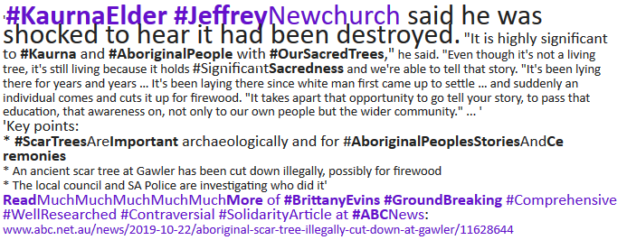 WgarNews's tweet photo. @LadyPoop2 @JennyPineapple2 @RobRobbEdwards @lynlinking @WhteRbbnAdvocat @Absurd_Penguin @MorpheusBeing @janettj777 @Triplejay58 @ABCIndigenous #SignificantTreesLaw #SignificantTreesLore #SacredTrees #AboriginalSpirituality | #AboriginalElder #JeffreyNewchurch: ItIsHighlySignificant to #Kaurna & #AboriginalPpl with #OurSacredTrees | https://t.co/GHqFGfErQf | @abcadelaide #ABCAdelaide #AboriginalHeritage #AboriginalTalk https://t.co/jGWPa4iaku
