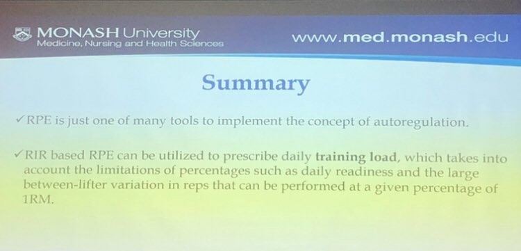 KellieWilkie's tweet image. #ASICSSMA19 Dawson Kidgelll explaining how RPE strength scales &amp;amp; RIR (Reps In Reserve) can be used as parameters to prescribe exercise dose - so relevant for rehab when 1RM can not be ascertained due to pain or pathology &amp;amp; therefore has limitations for prescribing exercise dose