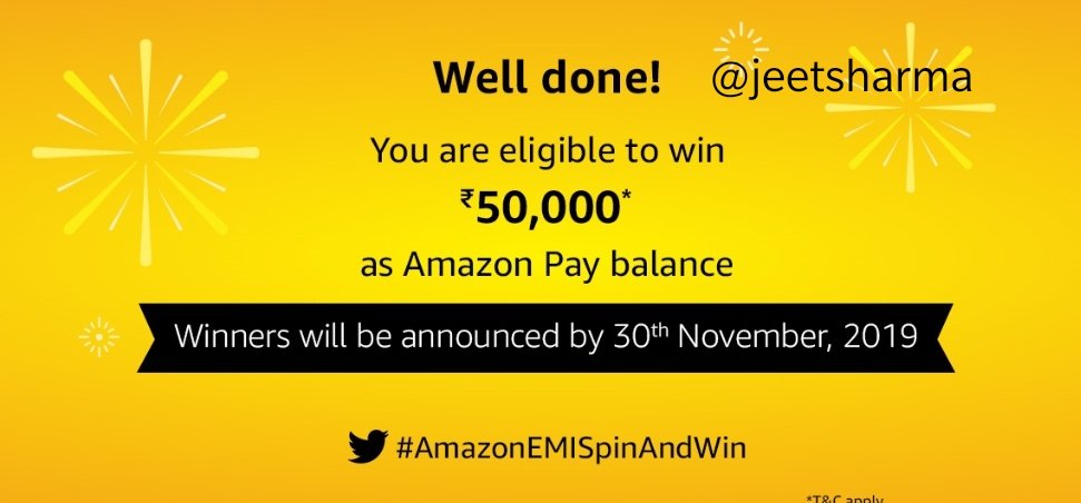 jeetsharma's tweet photo. Thanks @amazonIN
#AmazonEMISpinAndWin
#amazonemiquiz https://t.co/o7AjG0RO7g