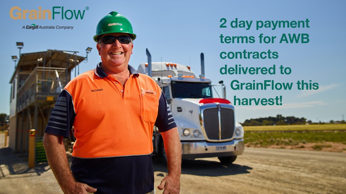 CargillAUS's tweet image. We understand that payment terms is an increasingly important issue for Aussie growers... So we&apos;re happy to be offering 2 day payment terms AGAIN for contracts delivered to a GrainFlow site this harvest - paid by AWB #GrainFlow