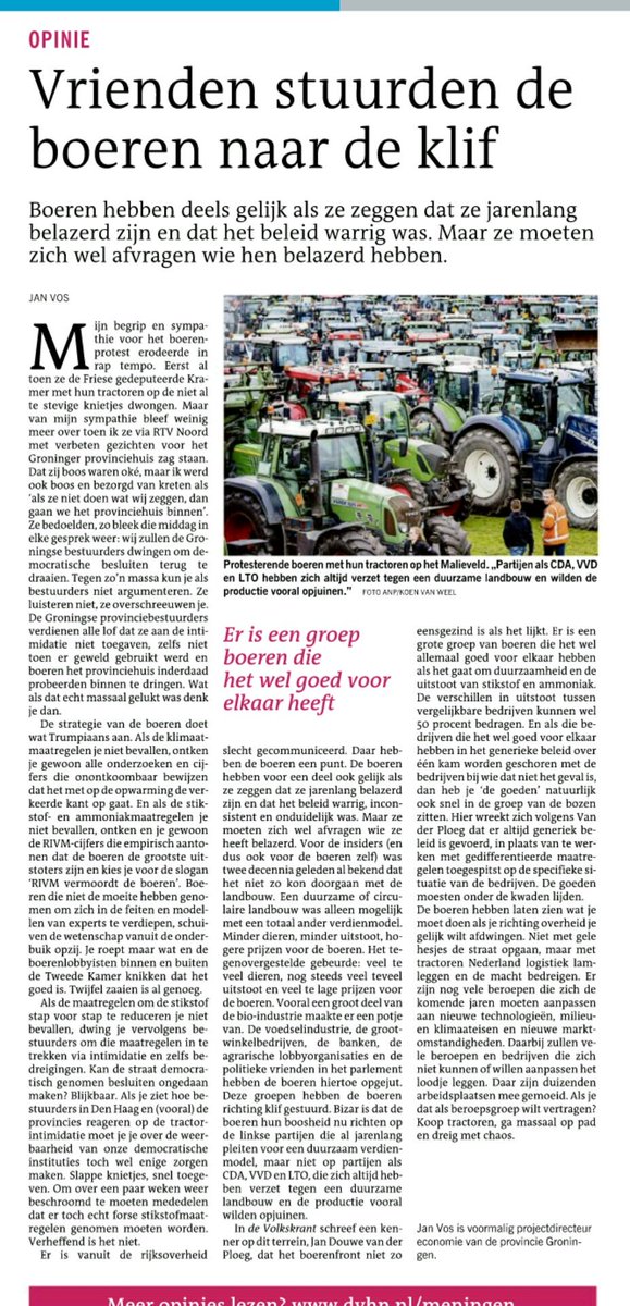 hebawi's tweet photo. Interessante opinie van Jan Vos. 
Landbouw reageert op straatniveau en schuldige partijen, cda vvd lto, krijgen complimenten voor #stikstofcrisis en meedenkende partijen de schuld. #Dvhn https://t.co/tQK6teCCZ7