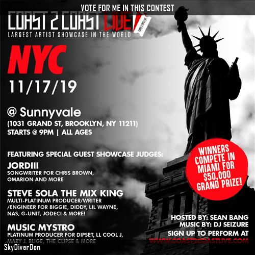 Just voted for <a href="/skydiverdon/">ABU DIVEY</a> to perform for $50K Prize at #NYC All Ages 11/17/19! c2c.fm/w2LZx6 #Coast2Coast