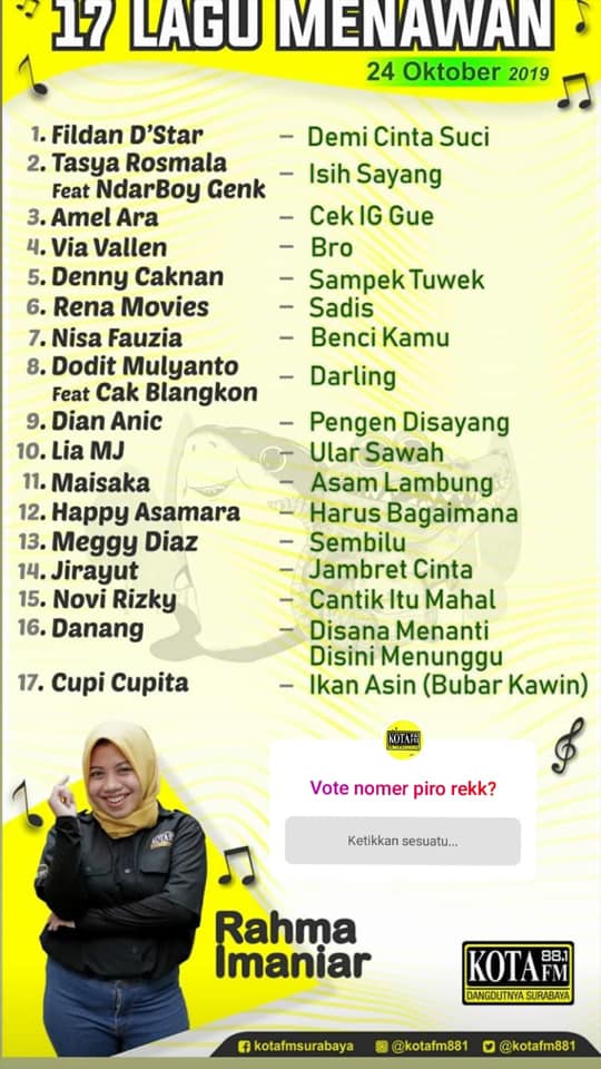 Vote Sing endi rek !!!! 
Yukkk ndang dikoment ketik TP spasi no urut lagune

<a href="/arinarahmaniar/">Arina Rahmaniar</a>  tunggu !! 
#TuguPahlawan 17 lagu paling menawan
17.00 - 19.00 WIB