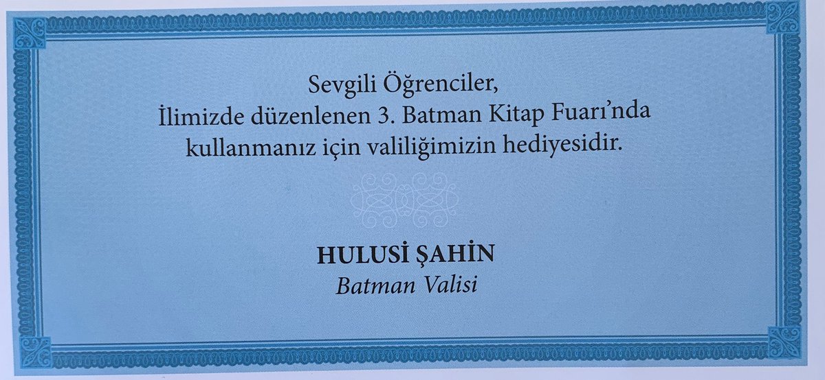 Batman Valisi Hulusi Şahin, 30 bin öğrenciye Batman Kitap Fuarı’nda harcamaları için 15 TL’lik çek dağıtmış. Teşekkürler <a href="/batmanvaliligi/">Batman Valiliği</a>

Bütün illere örnek olması dileğiyle.

📸: <a href="/nedimsener2010/">Nedim Şener 🇹🇷</a>