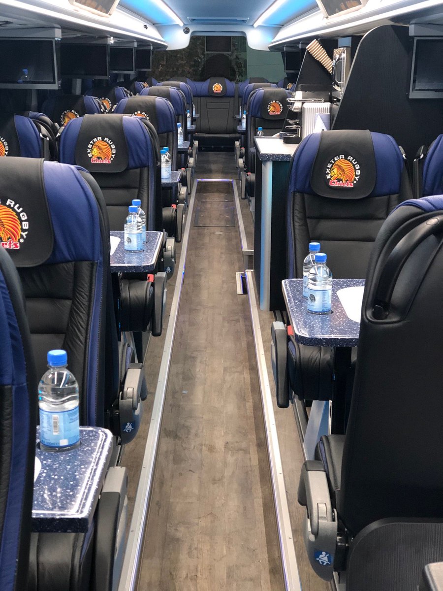 ExeterChiefs's tweet photo. 📸 - Check out these pictures of the brand new @ExeterChiefs Team Bus 🚌

It comes with 43 seats, on-board kitchen, tables, phone charging points, SKY TV, a bed and a few hidden extras, including John the driver!! https://t.co/T2Dv0jG6v9