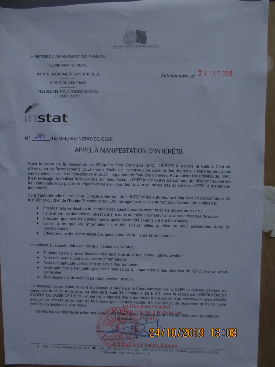 Appel à manifestation d'intérêt

L'INSTAT/CCER procède au recrutement d'Agents de saisie de l'EPC. La date limite de l'envoi des candidatures est le jeudi 31 octobre 2019 à 16h00. Voir les détails sur notre page facebook.