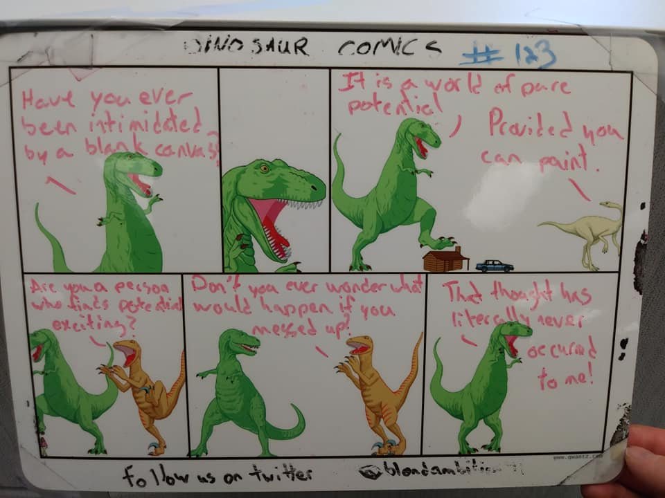 BlondAmbition91's tweet photo. If T-rex were to doubt himself, he would be so impressed by his ability to uncover a mistake that he'd forget about the mistake and start congratulating himself instead #dinosaurcomics https://t.co/GZkMVBbrhC
