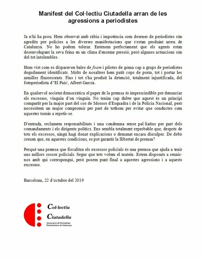 Manifest del Col•lectiu Ciutadella arran de les agressions a periodistes: