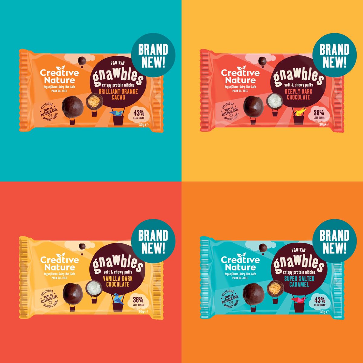 ⛅😍 Say hello to our Brand new range of Gnawbles! 😍⛅
-
Crispy Pea Protein and Soft and chewy lotus seeds coated in Flavoured Dark Chocolate 🍫🤤
-
Available in 4 Delicious Flavours

Available now on our website now for order and pre order! ❤🧡💛💙 #NibbleMyGnawbles