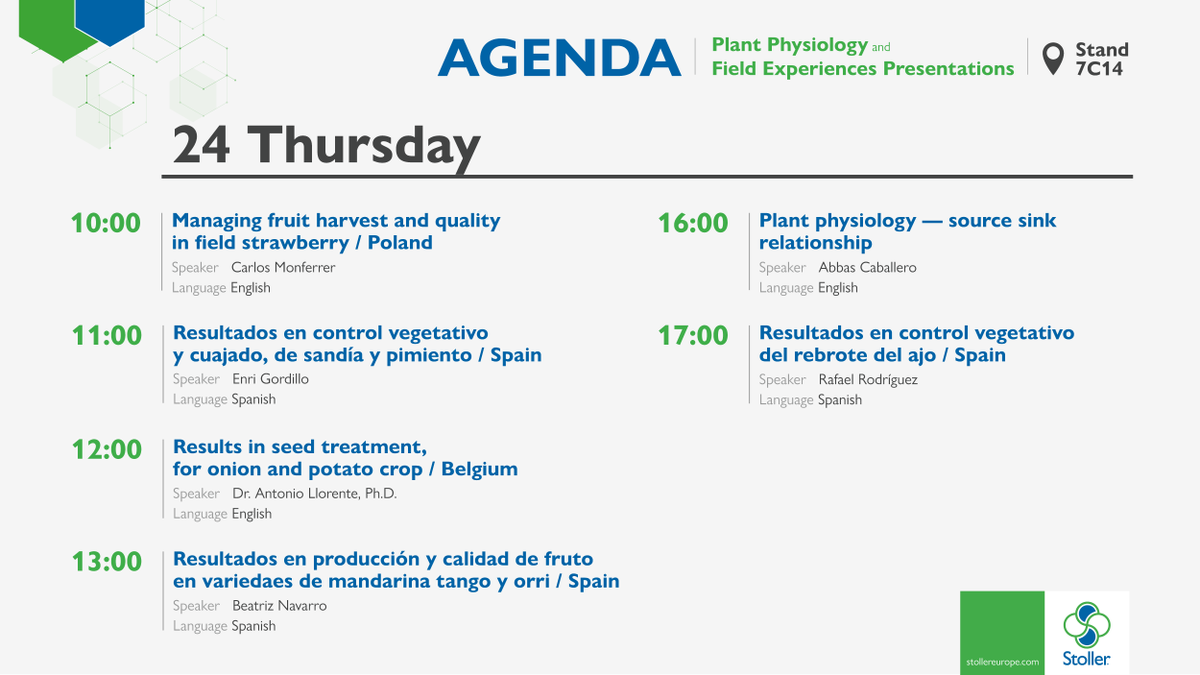 StollerEurope's tweet image. We share the agenda of presentations that will take place today, the 24th, in the Stoller’s stand 7C14 at Fruit Attraction. 

You are invited!

#FruitAttraction19 #StollerTechnology #PlantPhysiology