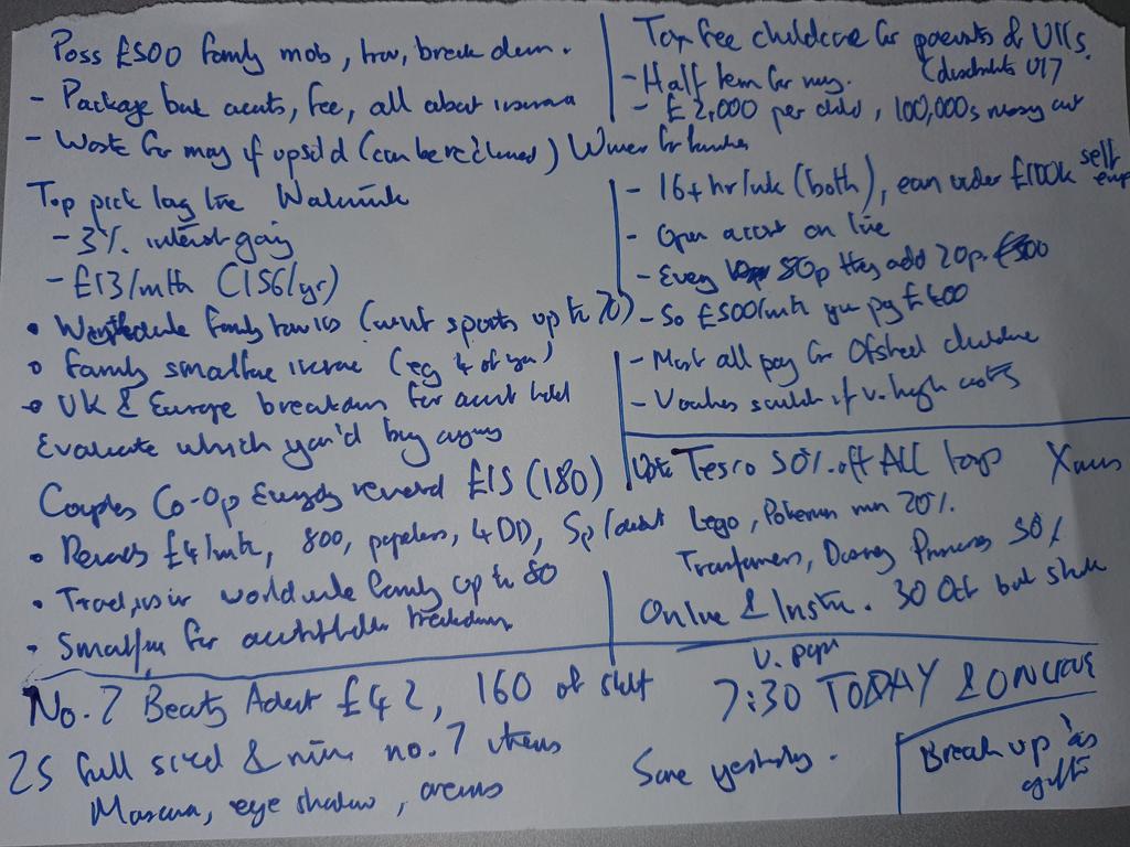 MartinSLewis's tweet photo. Morning. I'm on way for my 7:40 @gmb Tips of the Week. This week including

-£500 insurance for £150
-Tax free childcare
-Up to 50% off all toys
- no. 7 beauty advent calendar launches

Here's my scrappy written card... https://t.co/niP4VvbxDK