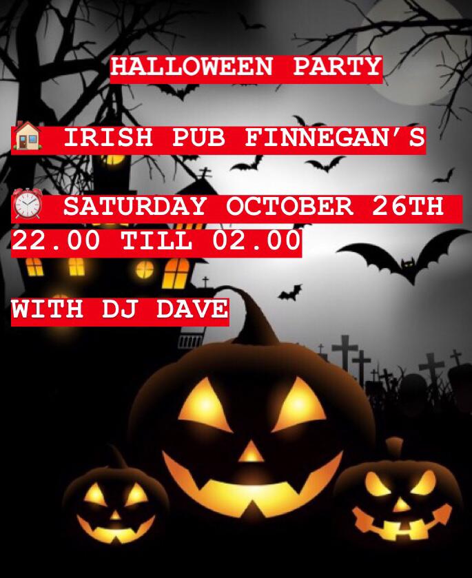 Saturday 26 October Halloween party at <a href="/FinnegansPub/">Finnegan's Irish pub</a> with DJ DAVE #Rozenburg
