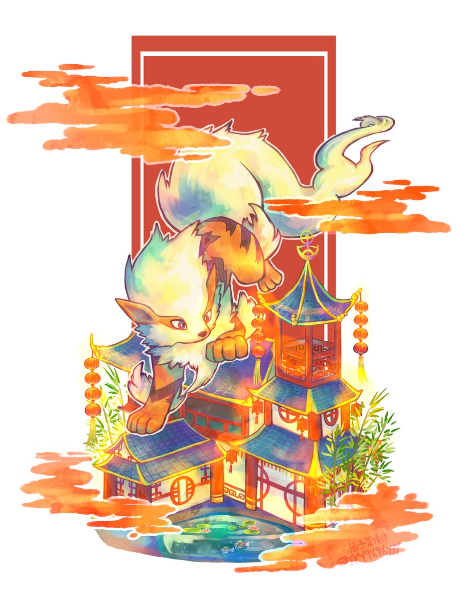 pokemon (creature) no humans water east asian architecture red eyes architecture signature general  illustration images